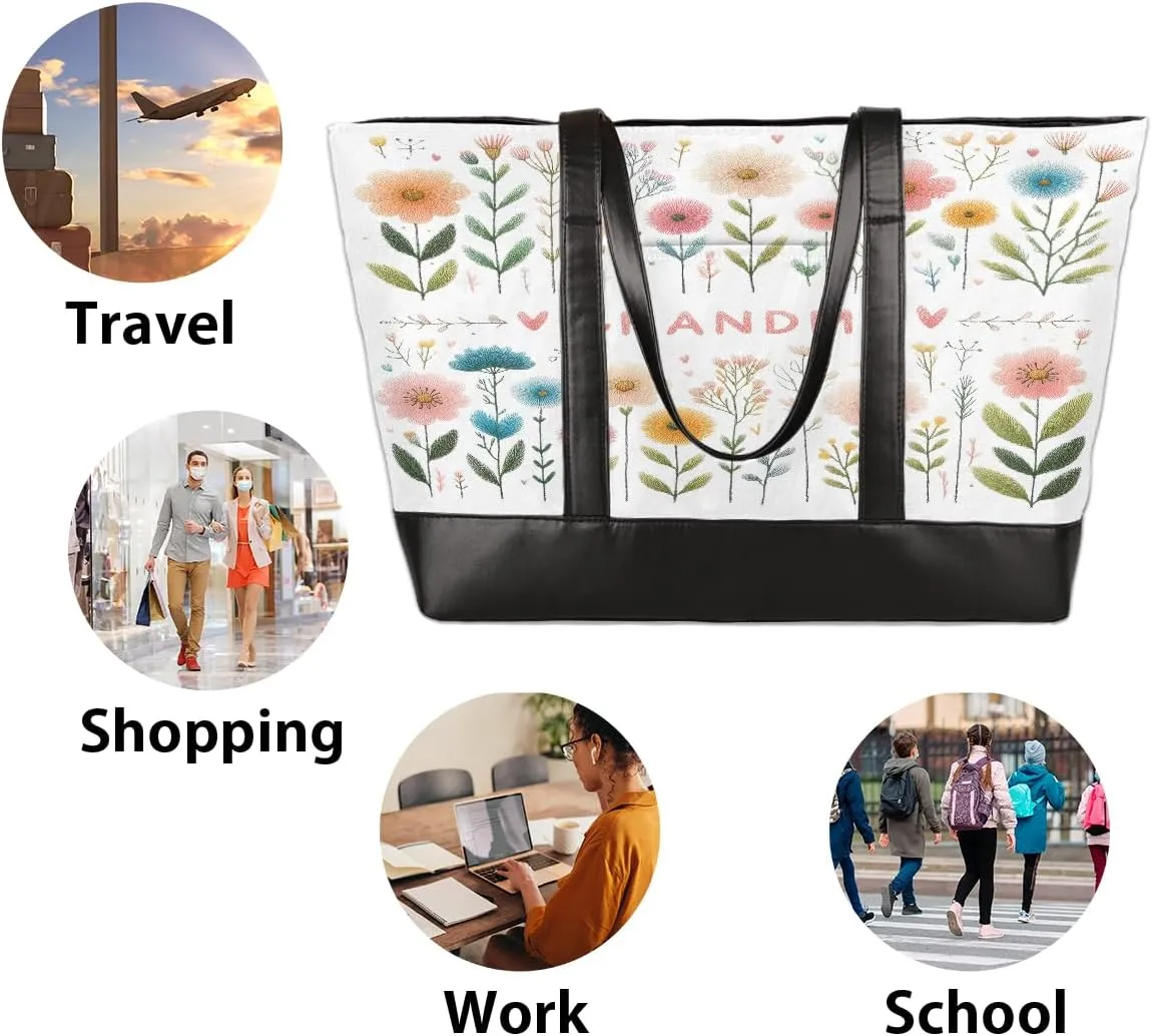 Canvas Laptop Tote Bag for Women Flower Cute Colorful 15.6 Inch Large Capacity Computer Bag
