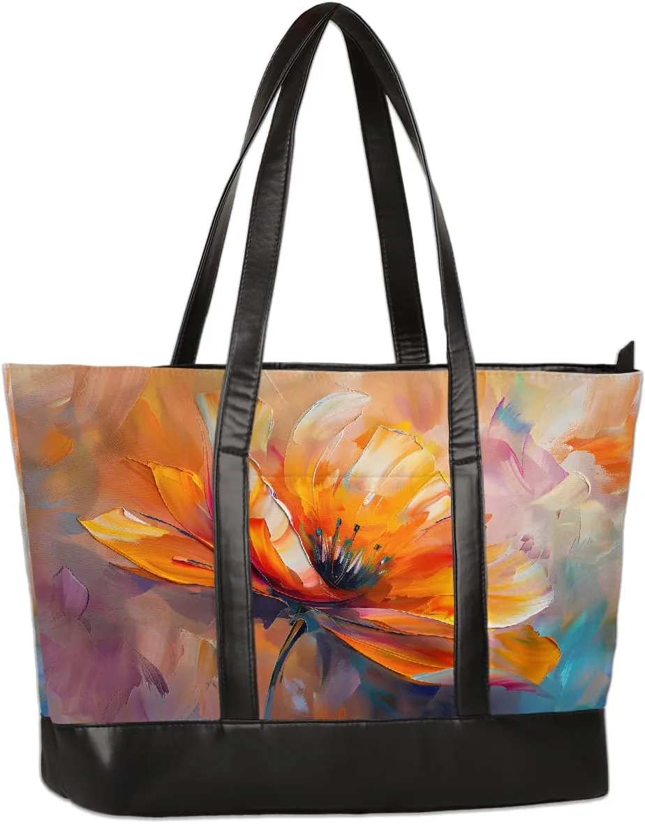 Canvas Laptop Tote Bag for Women Flower Daisy Colorful Painting 15.6 Inch Large Capacity Computer Bag