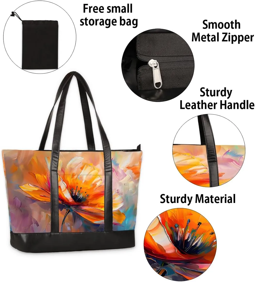 Canvas Laptop Tote Bag for Women Flower Daisy Colorful Painting 15.6 Inch Large Capacity Computer Bag