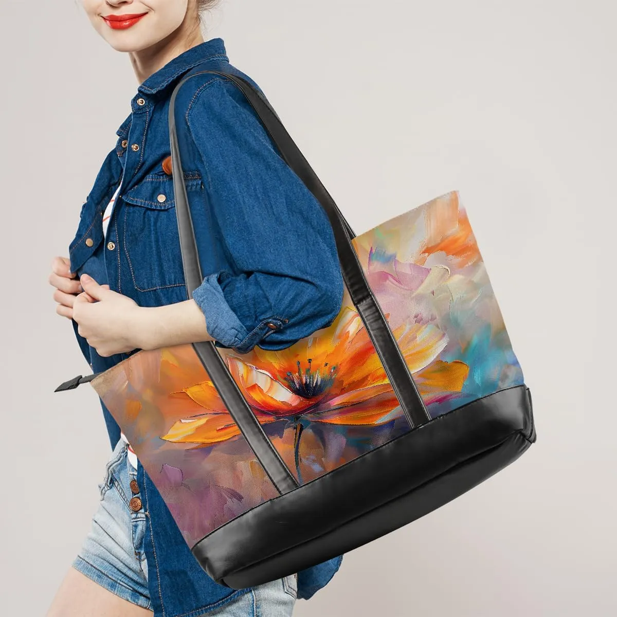 Canvas Laptop Tote Bag for Women Flower Daisy Colorful Painting 15.6 Inch Large Capacity Computer Bag
