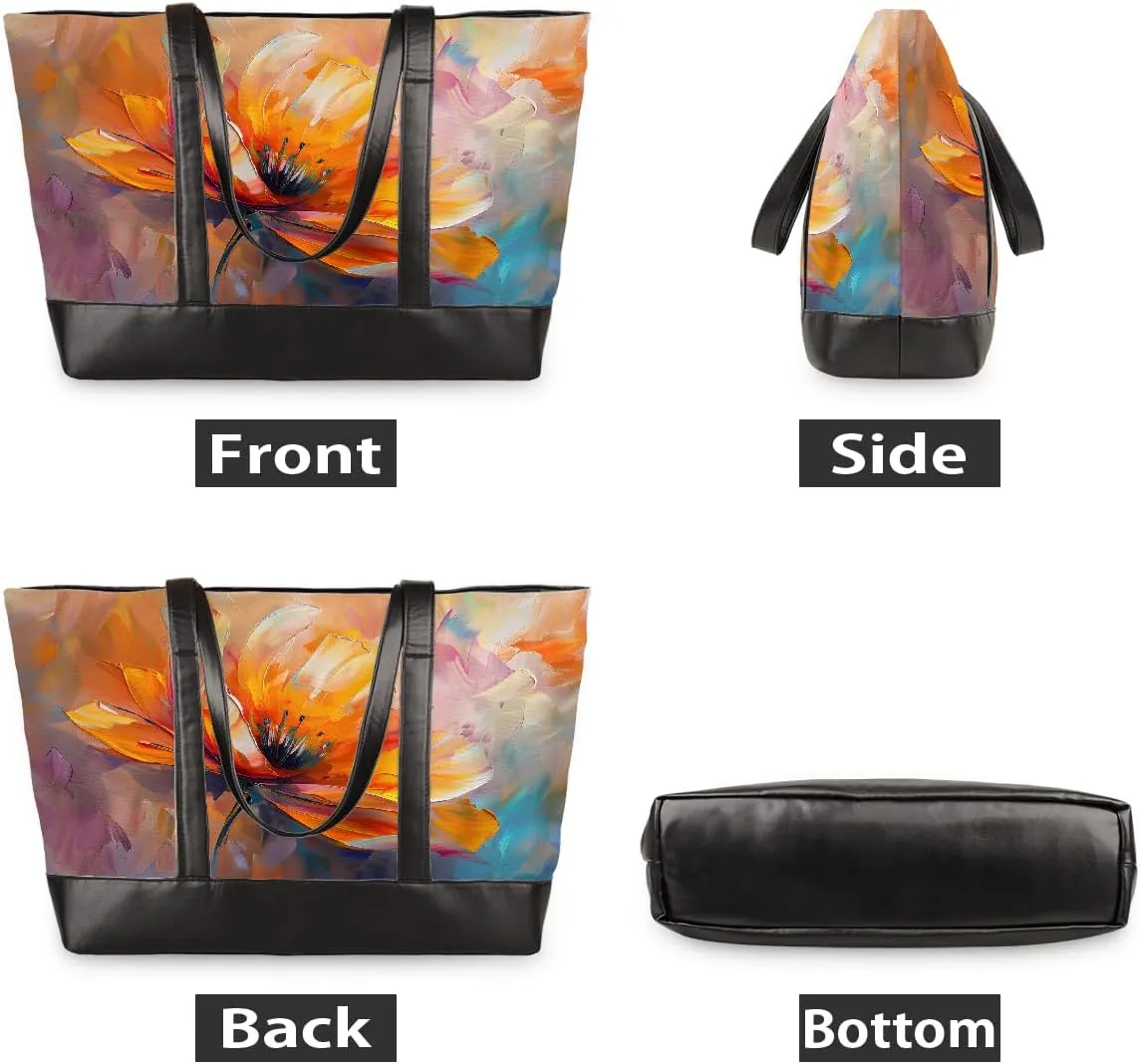 Canvas Laptop Tote Bag for Women Flower Daisy Colorful Painting 15.6 Inch Large Capacity Computer Bag