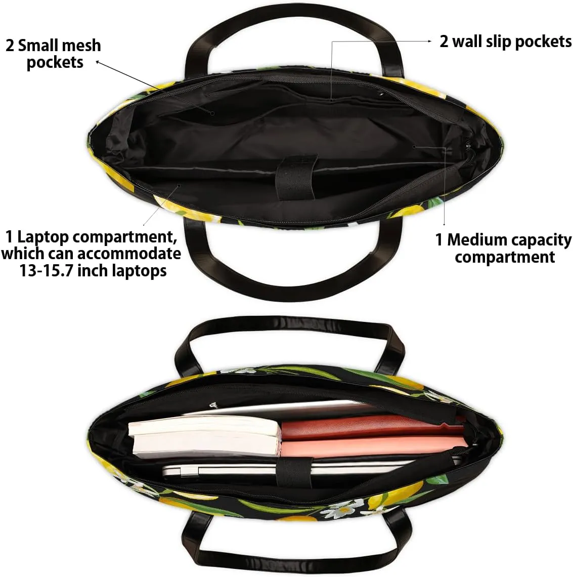 Canvas Laptop Tote Bag for Women Fruit Lemon Yellow Realistic 15.6 Inch Large Capacity Computer Bag