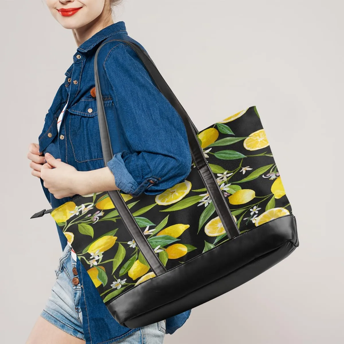 Canvas Laptop Tote Bag for Women Fruit Lemon Yellow Realistic 15.6 Inch Large Capacity Computer Bag