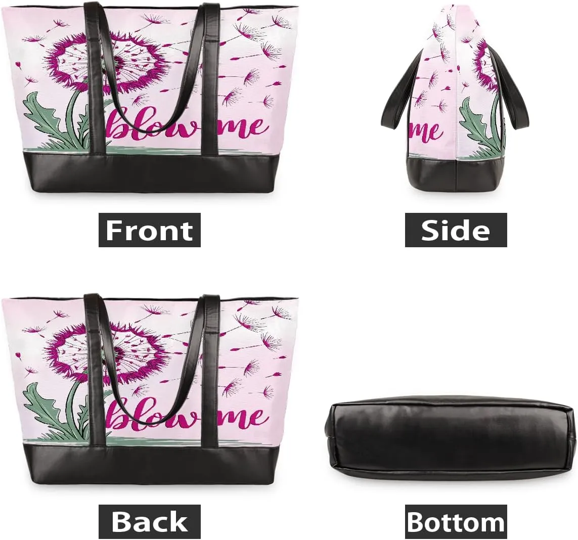 Canvas Laptop Tote Bag for Women Pink Flower Dandelion 15.6 Inch Large Capacity Computer Bag