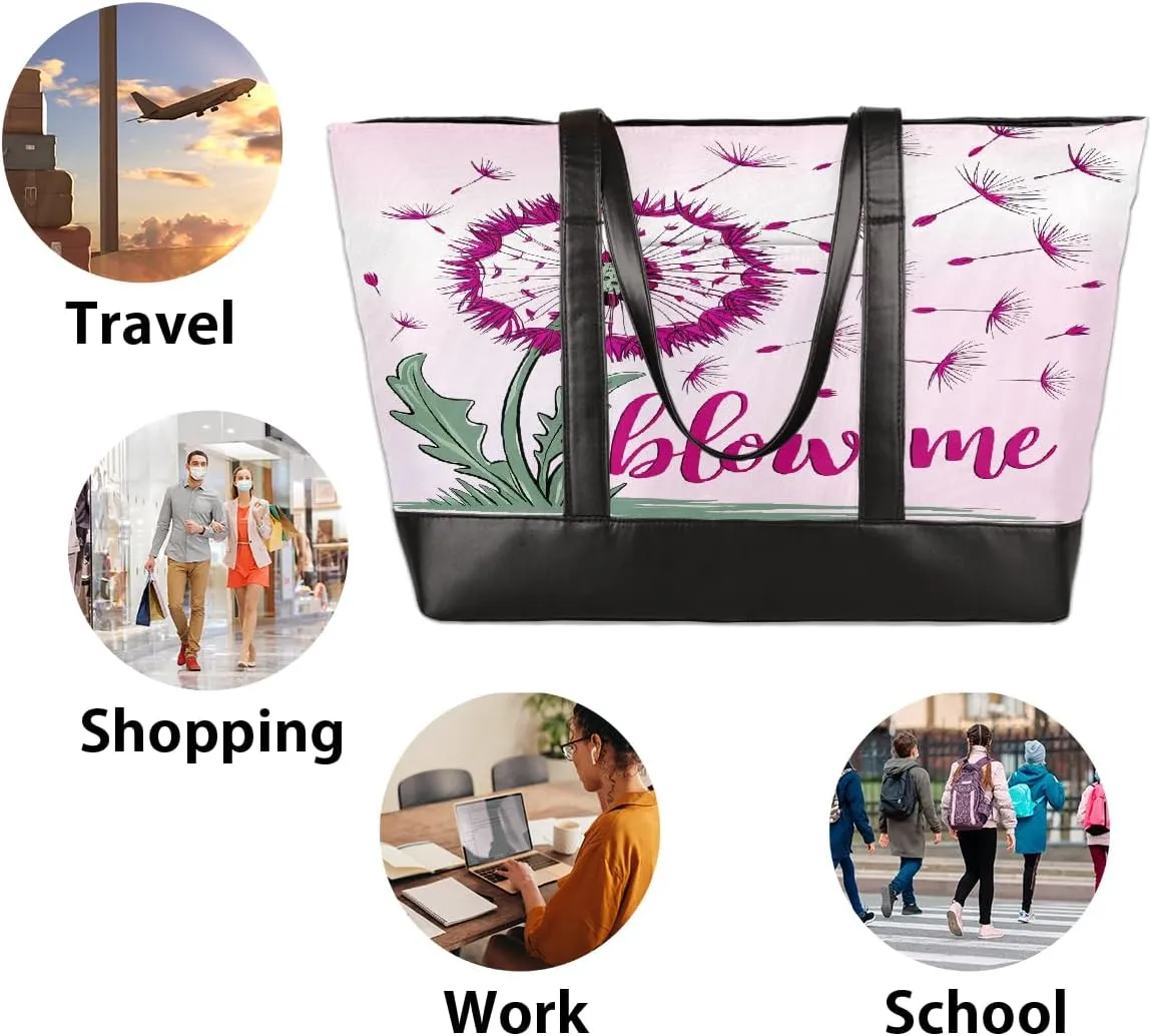 Canvas Laptop Tote Bag for Women Pink Flower Dandelion 15.6 Inch Large Capacity Computer Bag