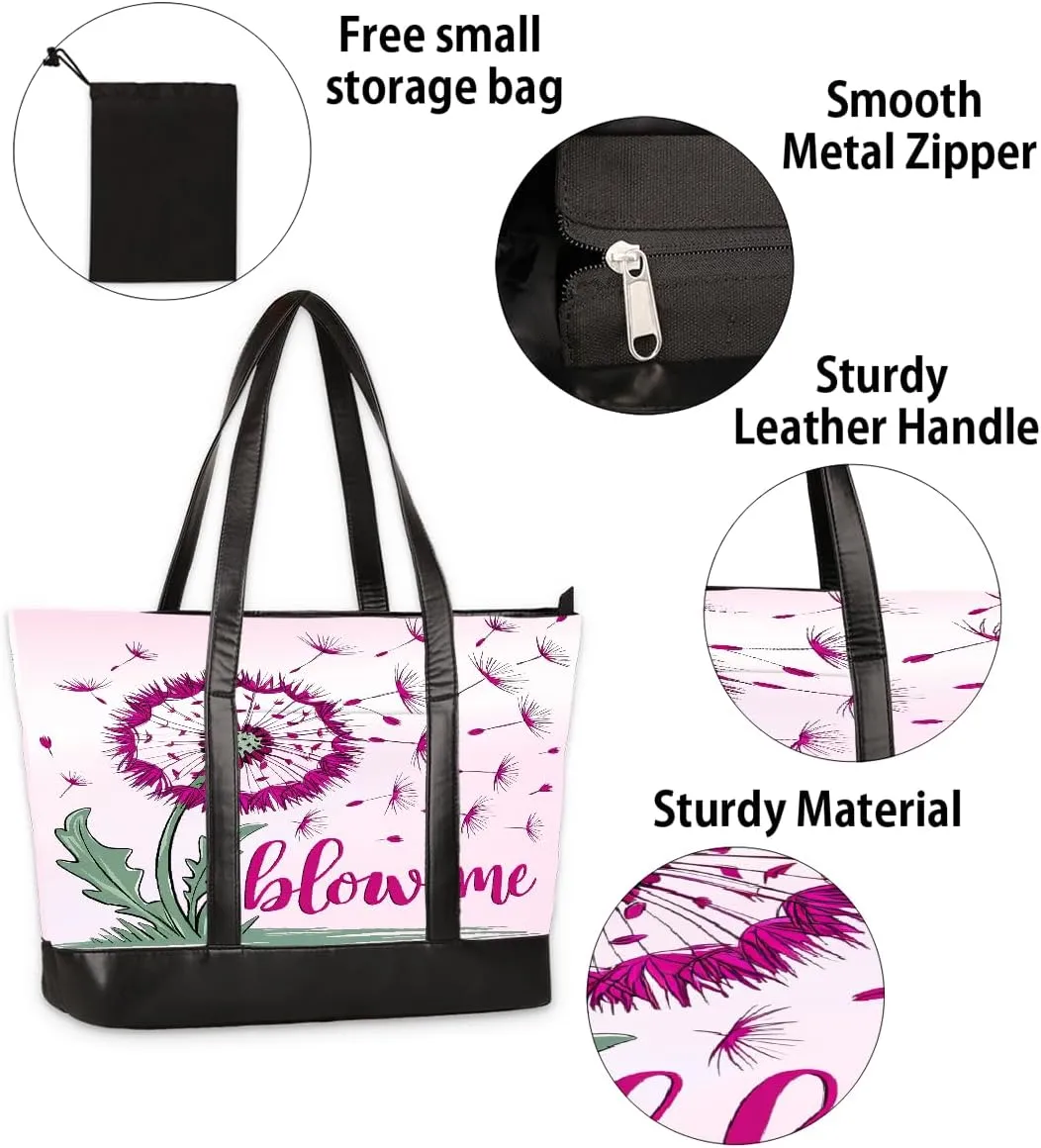 Canvas Laptop Tote Bag for Women Pink Flower Dandelion 15.6 Inch Large Capacity Computer Bag