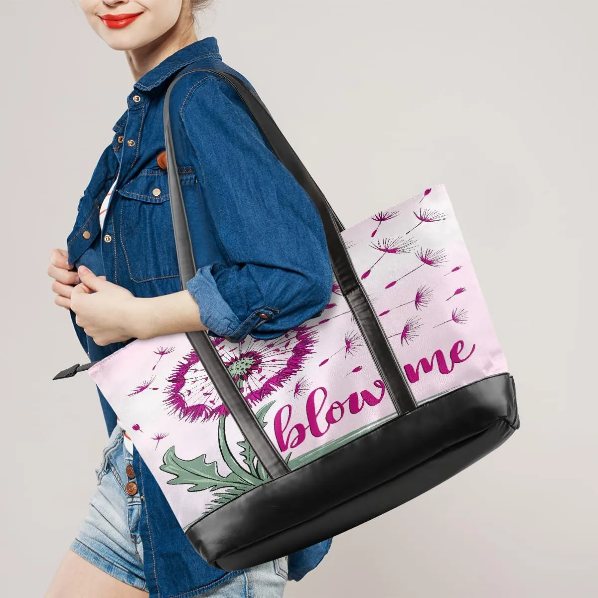 Canvas Laptop Tote Bag for Women Pink Flower Dandelion 15.6 Inch Large Capacity Computer Bag