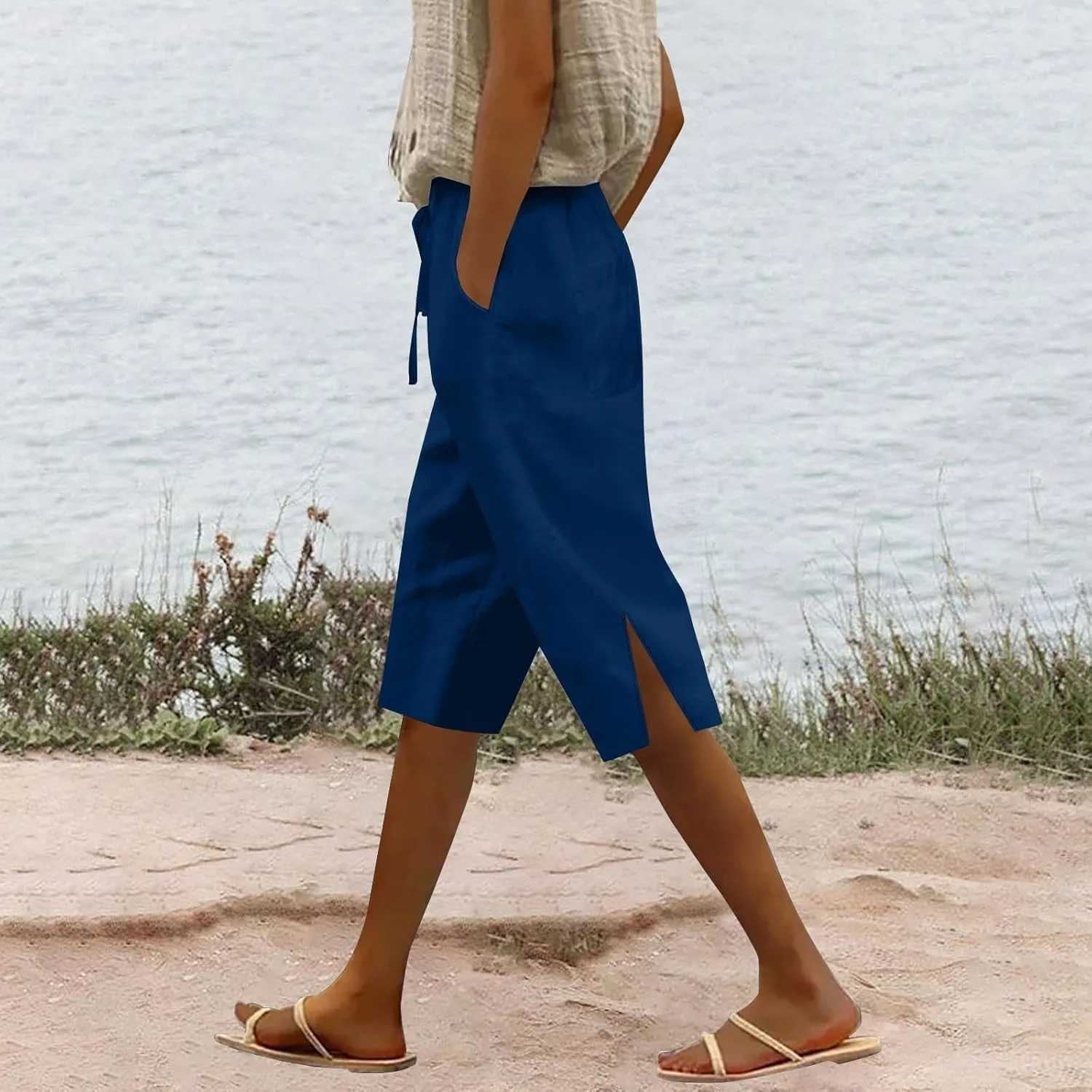 Capris Linen Pants for Women 2025 Summer Wide Leg Causal Beach Shorts Elastic High Waist Linen Trousers with Pockets