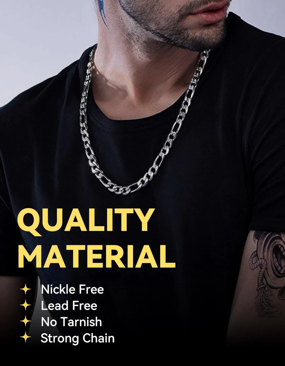 ChainsHouse Stainless Steel Figaro Chains for Men Women, 3mm/4mm/5mm/6mm/7mm/8mm/9mm/13mm Width, 14-30inch Length, Black/14K Gold Mens Necklace Chains, Send Gift Box