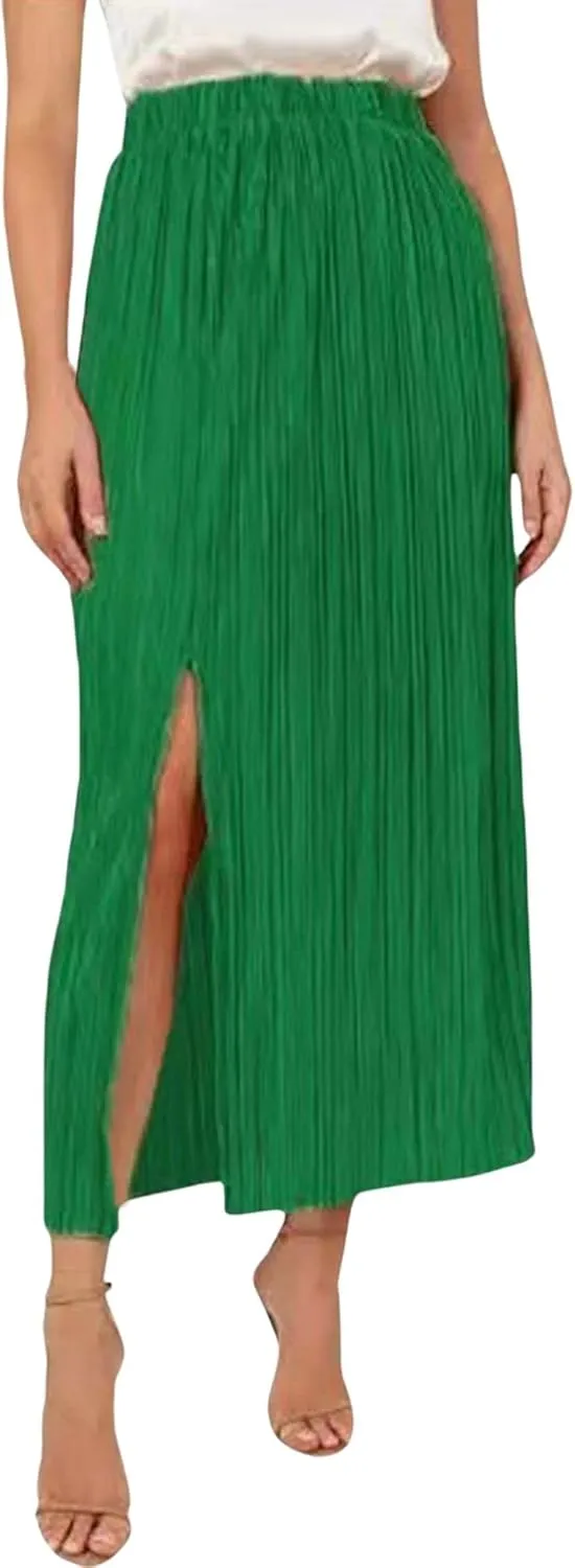 CHARTOU Casual High Waist A Line Long Pleated Skirt for Women Midi Length Side Slit Ruffle Flowy Pencil Skirt