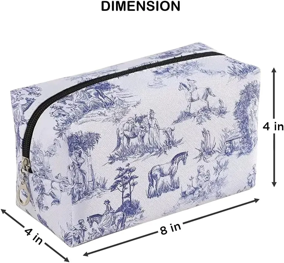 Chinoiserie Floral Makeup Bag - Durable & Portable Travel Cosmetic Organizer with Zipper, Blue and White Horse Design, Toiletry Bag for Women & Girls (Chinoiserie Makeup Bag)