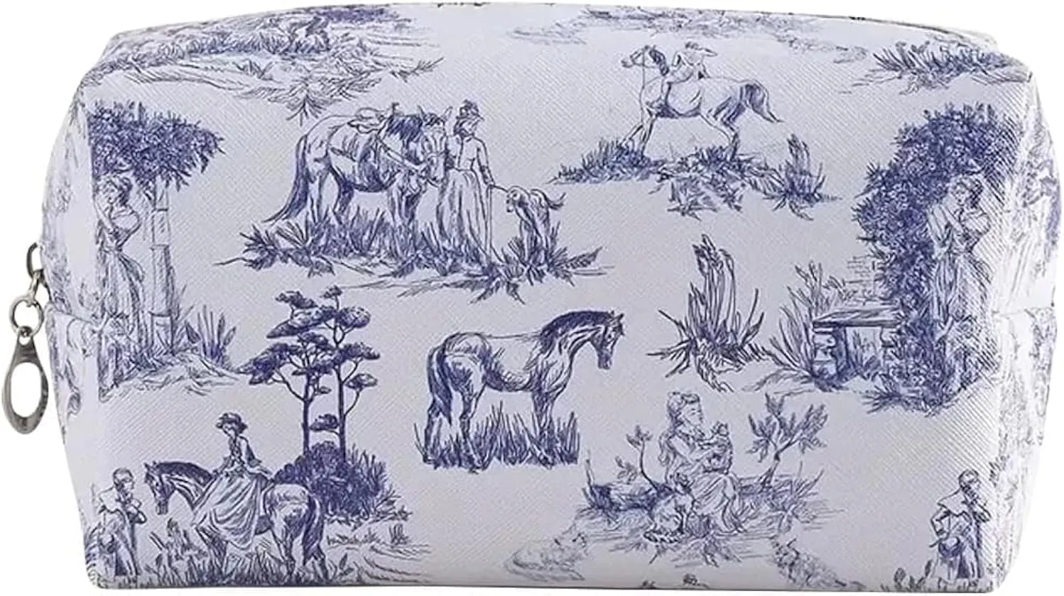 Chinoiserie Floral Makeup Bag - Durable & Portable Travel Cosmetic Organizer with Zipper, Blue and White Horse Design, Toiletry Bag for Women & Girls (Chinoiserie Makeup Bag)