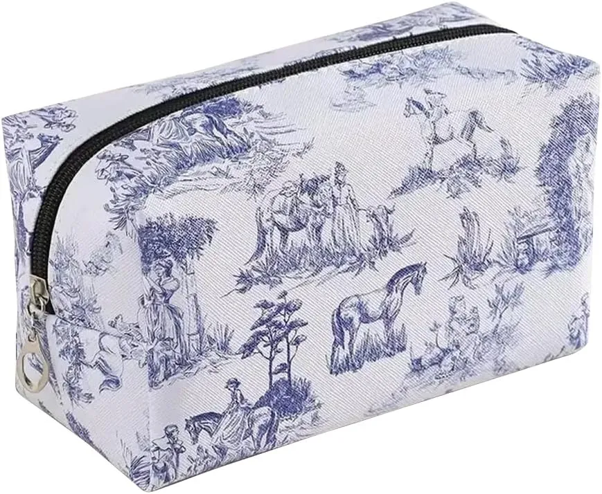 Chinoiserie Floral Makeup Bag - Durable & Portable Travel Cosmetic Organizer with Zipper, Blue and White Horse Design, Toiletry Bag for Women & Girls (Chinoiserie Makeup Bag)