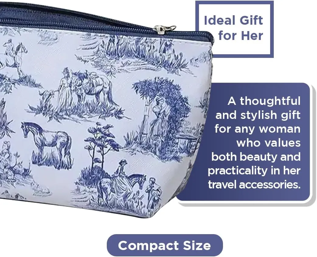 Chinoiserie Floral Makeup Bag - Durable & Portable Travel Cosmetic Organizer with Zipper, Blue and White Horse Design, Toiletry Bag for Women & Girls (Chinoiserie Makeup Pouch)