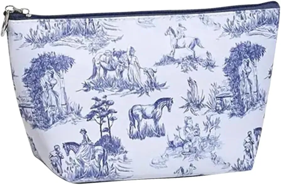Chinoiserie Floral Makeup Bag - Durable & Portable Travel Cosmetic Organizer with Zipper, Blue and White Horse Design, Toiletry Bag for Women & Girls (Chinoiserie Makeup Pouch)