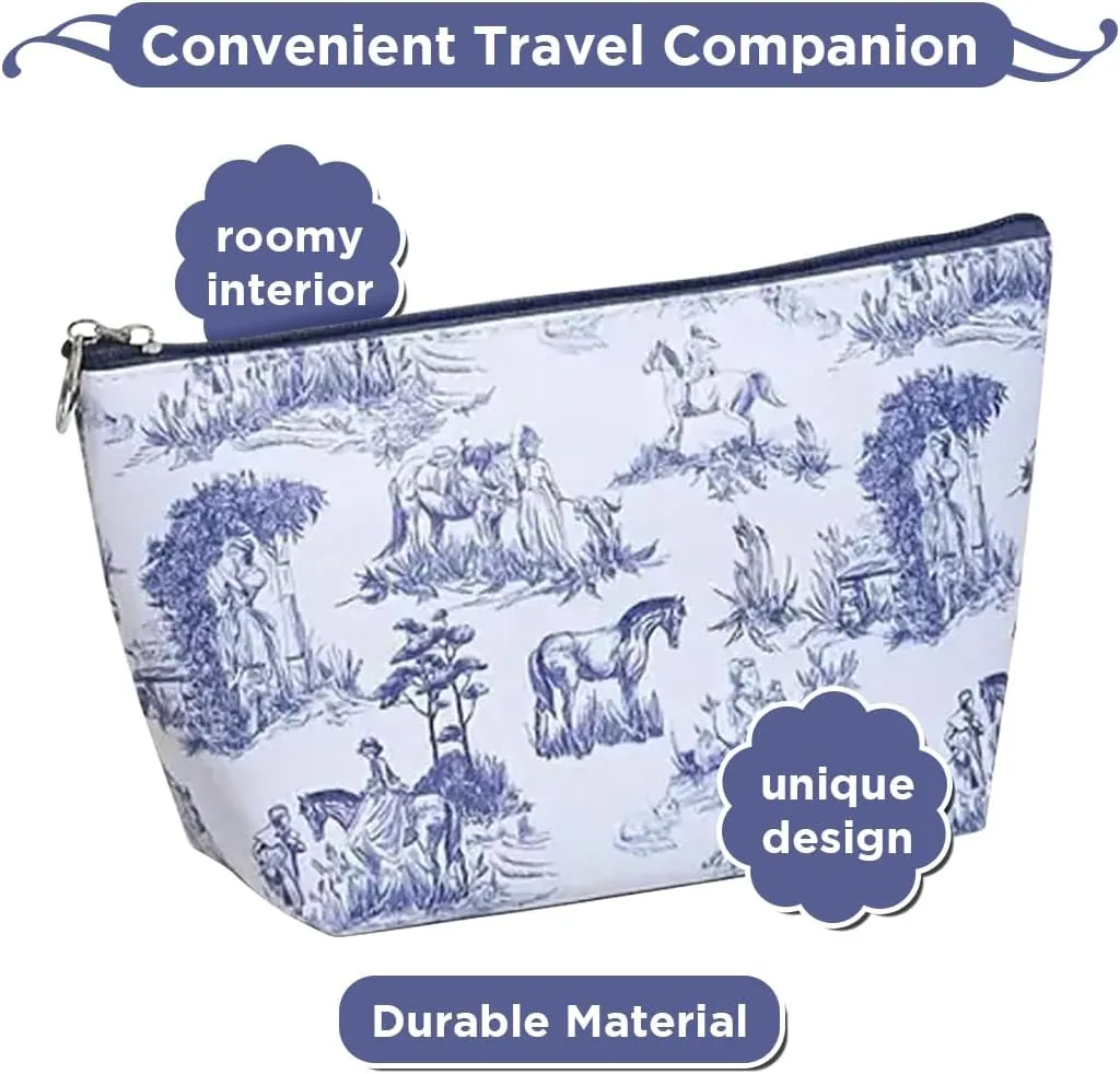 Chinoiserie Floral Makeup Bag - Durable & Portable Travel Cosmetic Organizer with Zipper, Blue and White Horse Design, Toiletry Bag for Women & Girls (Chinoiserie Makeup Pouch)