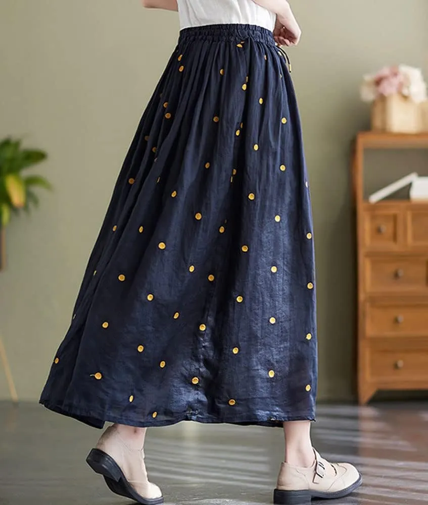 chouyatou Women's Elegant Polka Dot A-Line Skirt Boho Swing Pleated Cotton Midi Long Skirt
