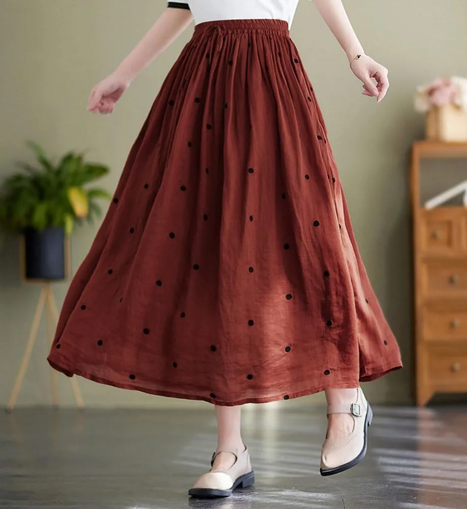 chouyatou Women's Elegant Polka Dot A-Line Skirt Boho Swing Pleated Cotton Midi Long Skirt
