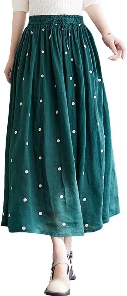 chouyatou Women's Elegant Polka Dot A-Line Skirt Boho Swing Pleated Cotton Midi Long Skirt