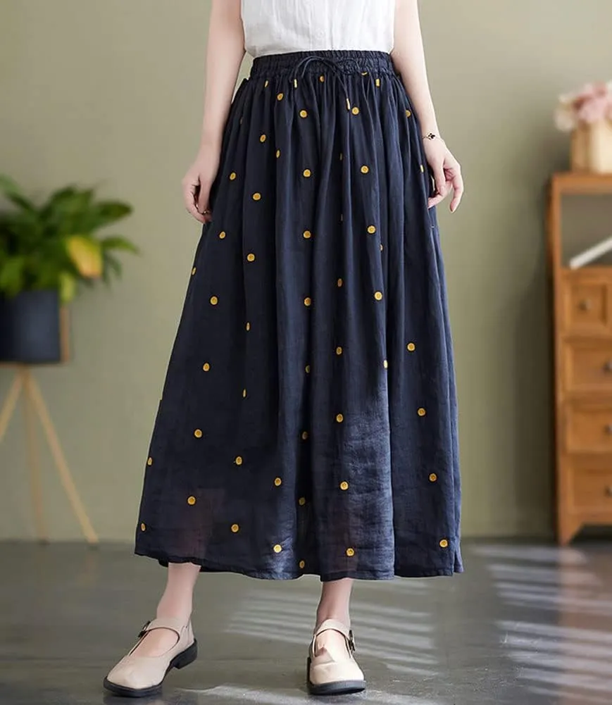 chouyatou Women's Elegant Polka Dot A-Line Skirt Boho Swing Pleated Cotton Midi Long Skirt
