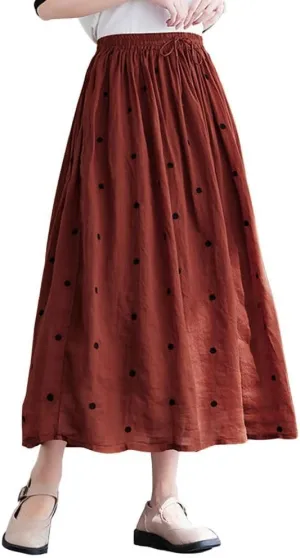 chouyatou Women's Elegant Polka Dot A-Line Skirt Boho Swing Pleated Cotton Midi Long Skirt