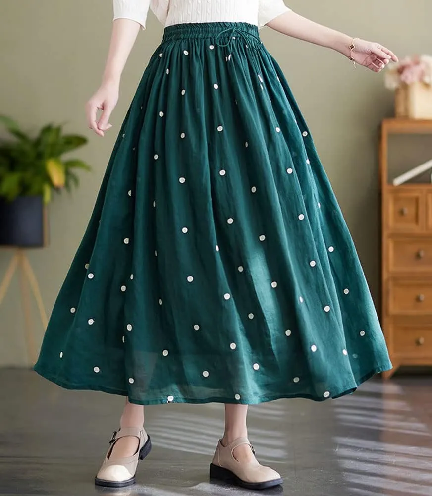 chouyatou Women's Elegant Polka Dot A-Line Skirt Boho Swing Pleated Cotton Midi Long Skirt