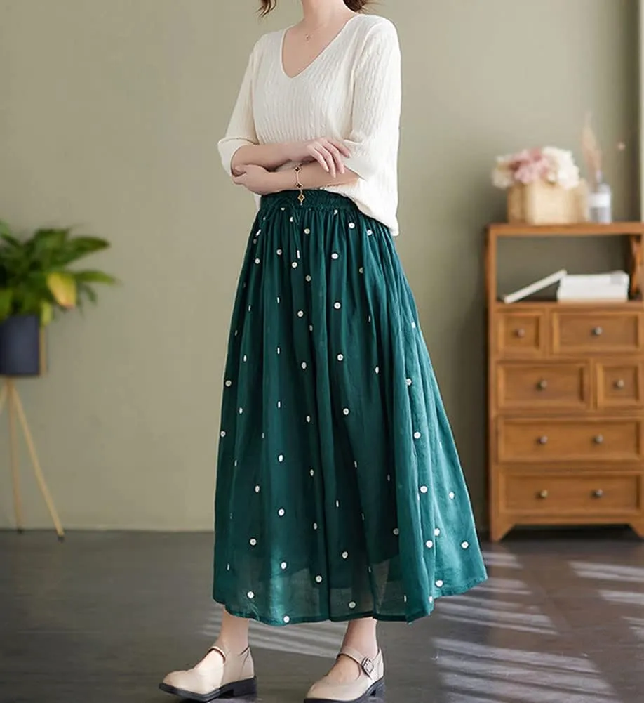 chouyatou Women's Elegant Polka Dot A-Line Skirt Boho Swing Pleated Cotton Midi Long Skirt