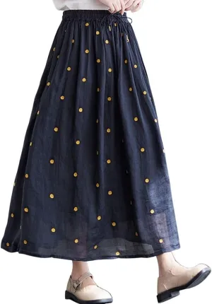 chouyatou Women's Elegant Polka Dot A-Line Skirt Boho Swing Pleated Cotton Midi Long Skirt