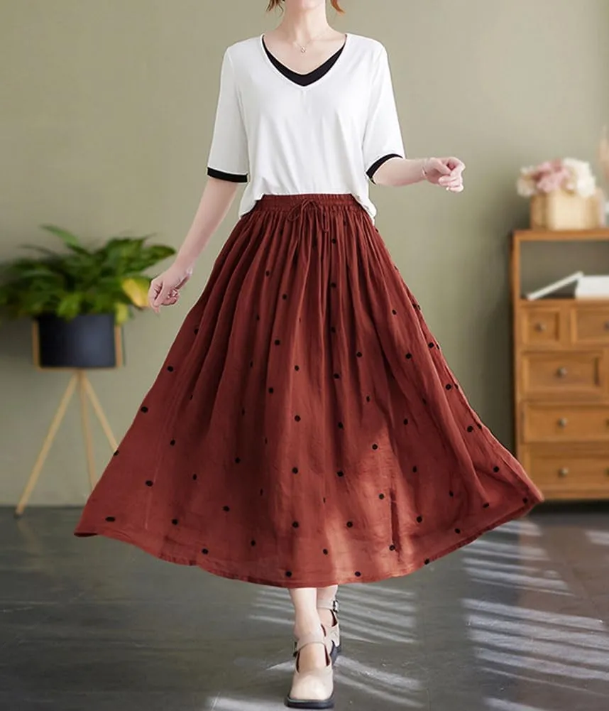 chouyatou Women's Elegant Polka Dot A-Line Skirt Boho Swing Pleated Cotton Midi Long Skirt