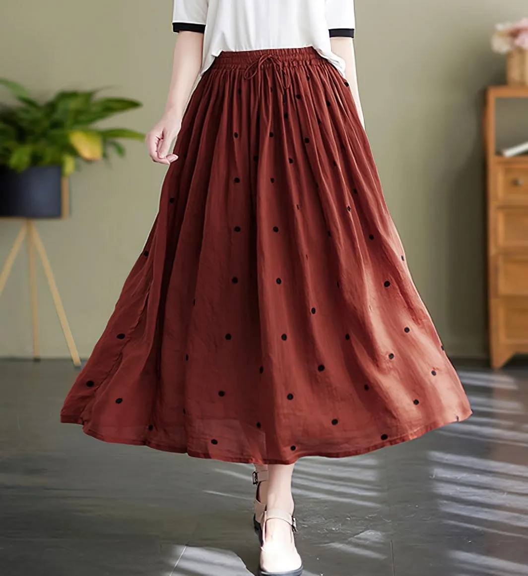 chouyatou Women's Elegant Polka Dot A-Line Skirt Boho Swing Pleated Cotton Midi Long Skirt