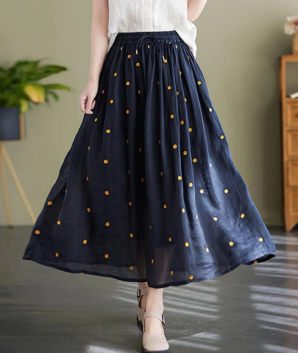 chouyatou Women's Elegant Polka Dot A-Line Skirt Boho Swing Pleated Cotton Midi Long Skirt