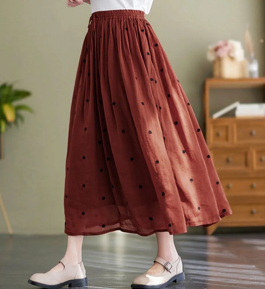 chouyatou Women's Elegant Polka Dot A-Line Skirt Boho Swing Pleated Cotton Midi Long Skirt