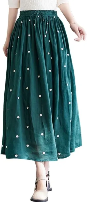 chouyatou Women's Elegant Polka Dot A-Line Skirt Boho Swing Pleated Cotton Midi Long Skirt