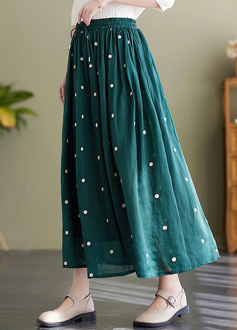 chouyatou Women's Elegant Polka Dot A-Line Skirt Boho Swing Pleated Cotton Midi Long Skirt