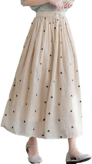 chouyatou Women's Elegant Polka Dot A-Line Skirt Boho Swing Pleated Cotton Midi Long Skirt