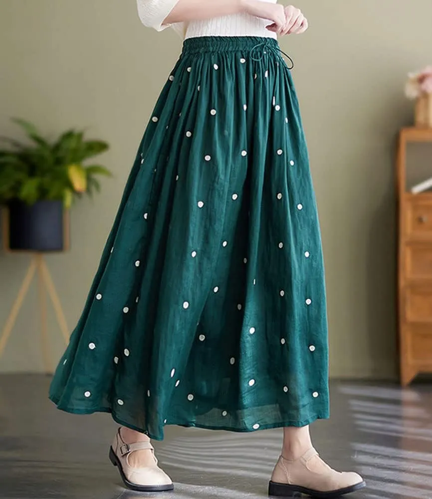 chouyatou Women's Elegant Polka Dot A-Line Skirt Boho Swing Pleated Cotton Midi Long Skirt