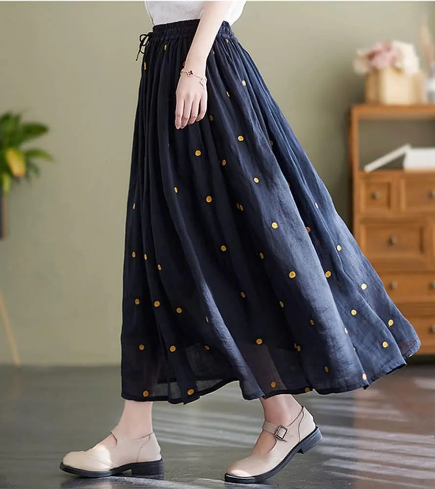 chouyatou Women's Elegant Polka Dot A-Line Skirt Boho Swing Pleated Cotton Midi Long Skirt
