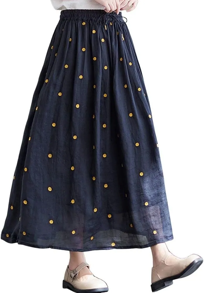 chouyatou Women's Elegant Polka Dot A-Line Skirt Boho Swing Pleated Cotton Midi Long Skirt
