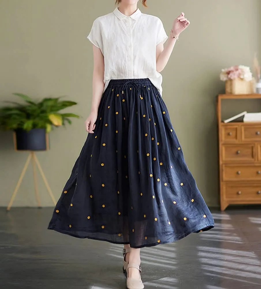 chouyatou Women's Elegant Polka Dot A-Line Skirt Boho Swing Pleated Cotton Midi Long Skirt