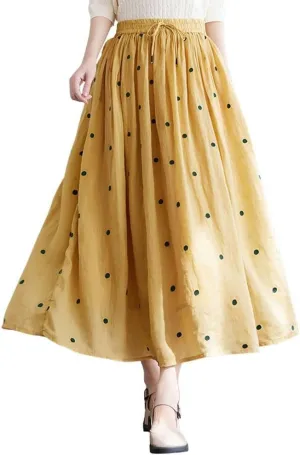 chouyatou Women's Elegant Polka Dot A-Line Skirt Boho Swing Pleated Cotton Midi Long Skirt