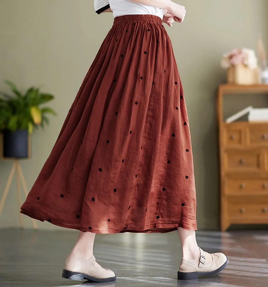 chouyatou Women's Elegant Polka Dot A-Line Skirt Boho Swing Pleated Cotton Midi Long Skirt