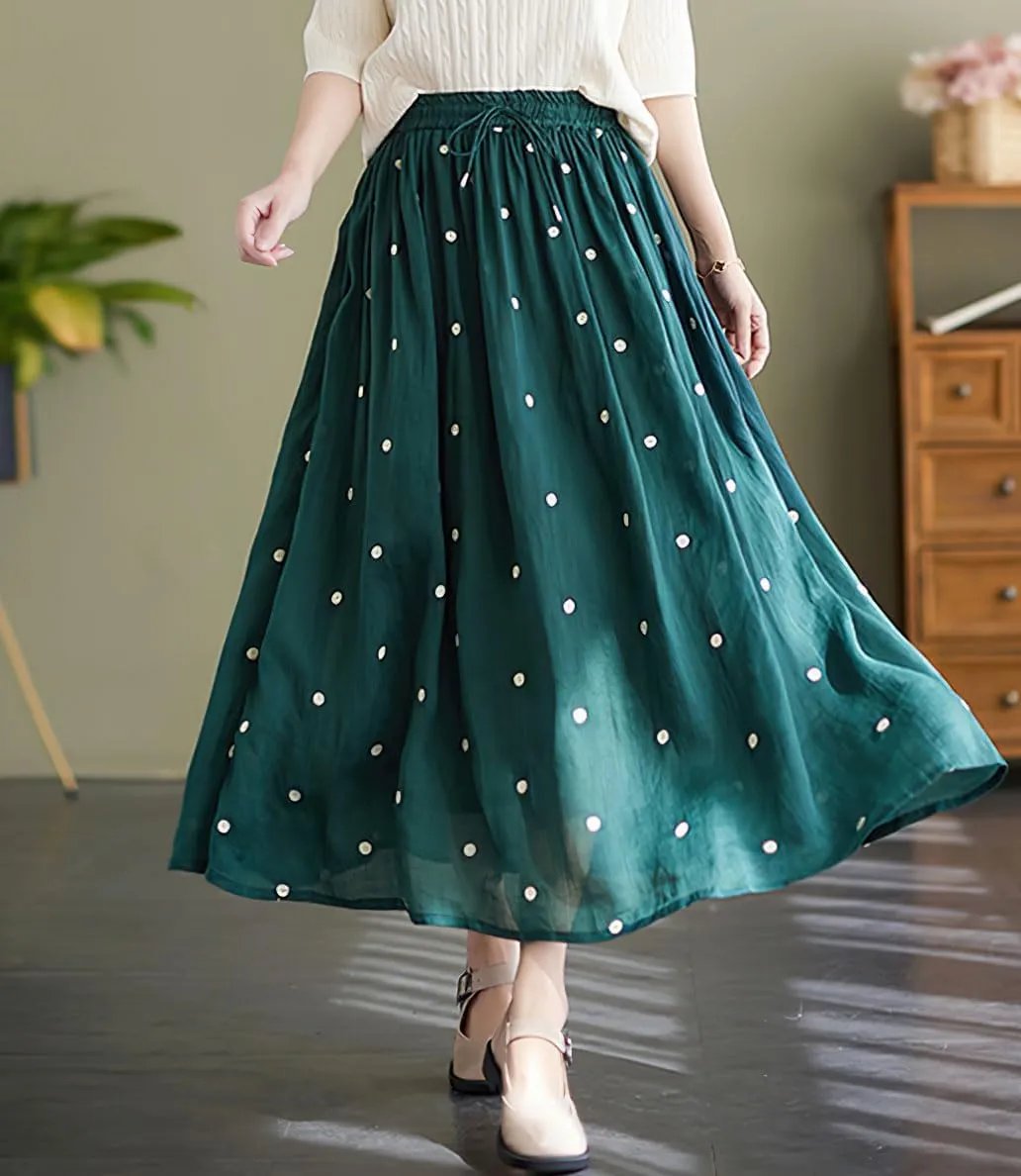 chouyatou Women's Elegant Polka Dot A-Line Skirt Boho Swing Pleated Cotton Midi Long Skirt