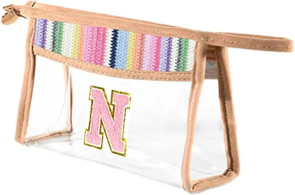 Clear Letter A-Z Initial Makeup Bag with Zipper Traveling,Rainbow Boho Straw Chenille Cosmetic Bag Sunscreen SPF Beach Pouch for Women Skincare,Preppy Patch Toiletry Bag for Girl