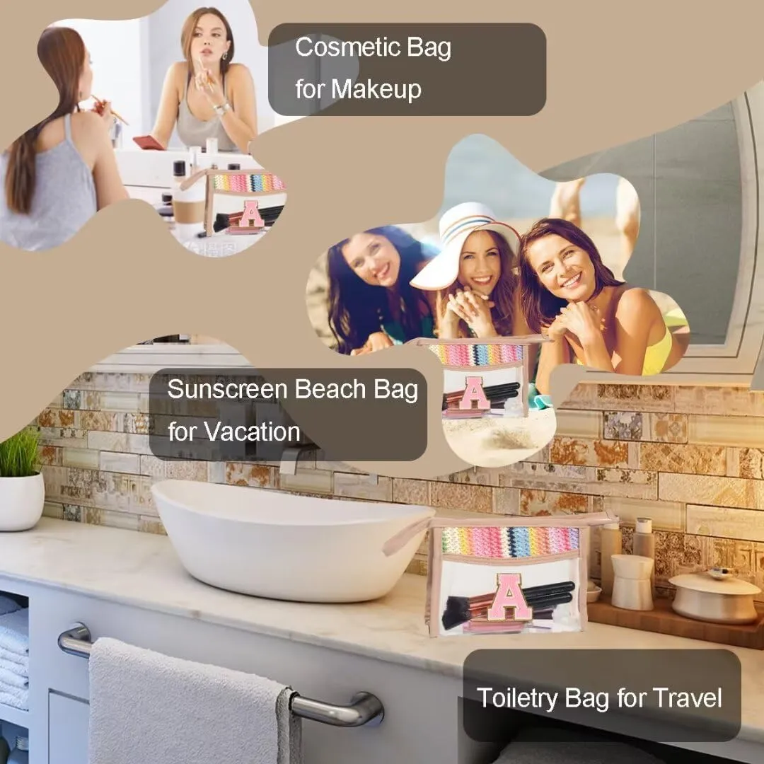 Clear Letter A-Z Initial Makeup Bag with Zipper Traveling,Rainbow Boho Straw Chenille Cosmetic Bag Sunscreen SPF Beach Pouch for Women Skincare,Preppy Patch Toiletry Bag for Girl