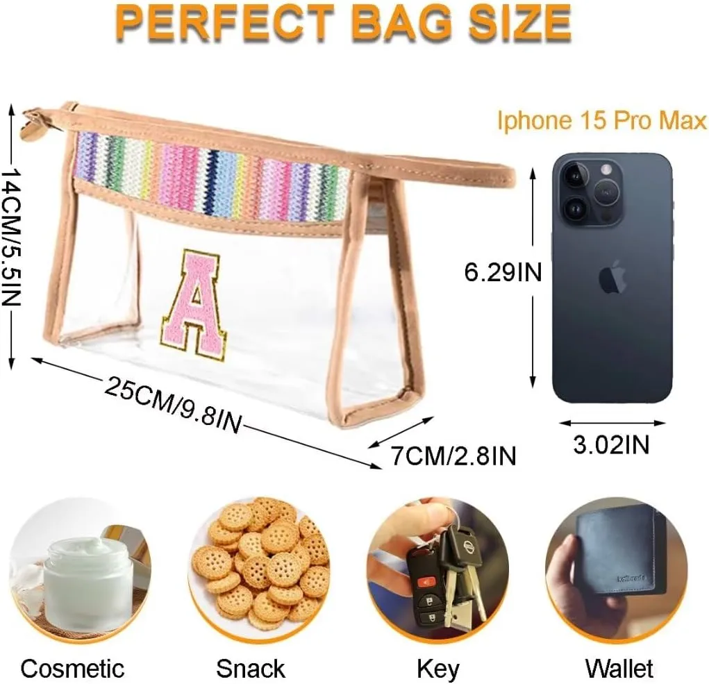 Clear Letter A-Z Initial Makeup Bag with Zipper Traveling,Rainbow Boho Straw Chenille Cosmetic Bag Sunscreen SPF Beach Pouch for Women Skincare,Preppy Patch Toiletry Bag for Girl