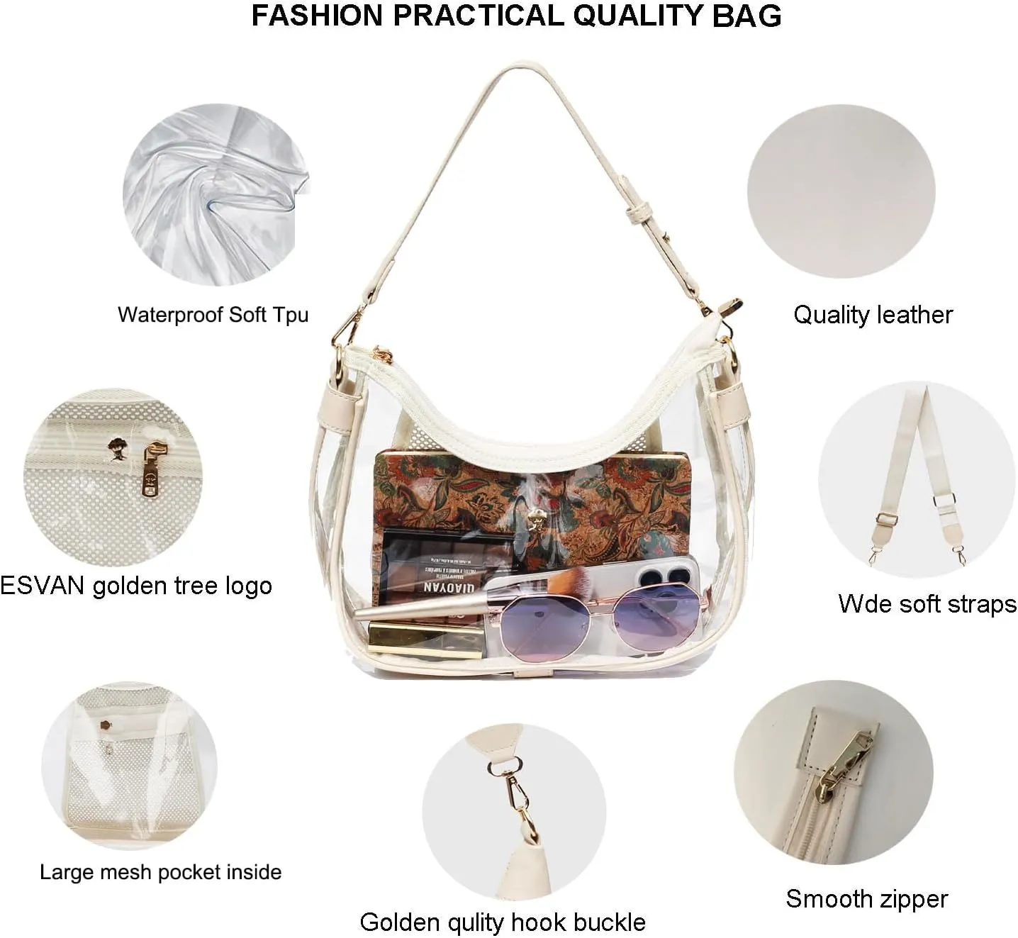 Clear Shoulder Bag for Women  Stadium-Approved Cute Hobo Tote, Crossbody Handbag & Mini Clutch Purse
