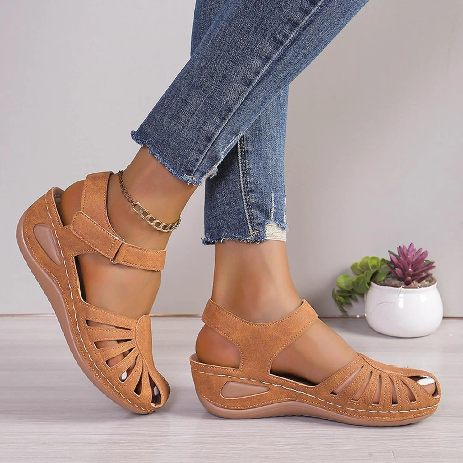 Closed Toe Sandals for Women 2025 Dressy Summer Comfortable Platform Wedges Ankle Strap Slip On Sandals with Arch Support Casual Hollow Out Sandal Dress Shoes