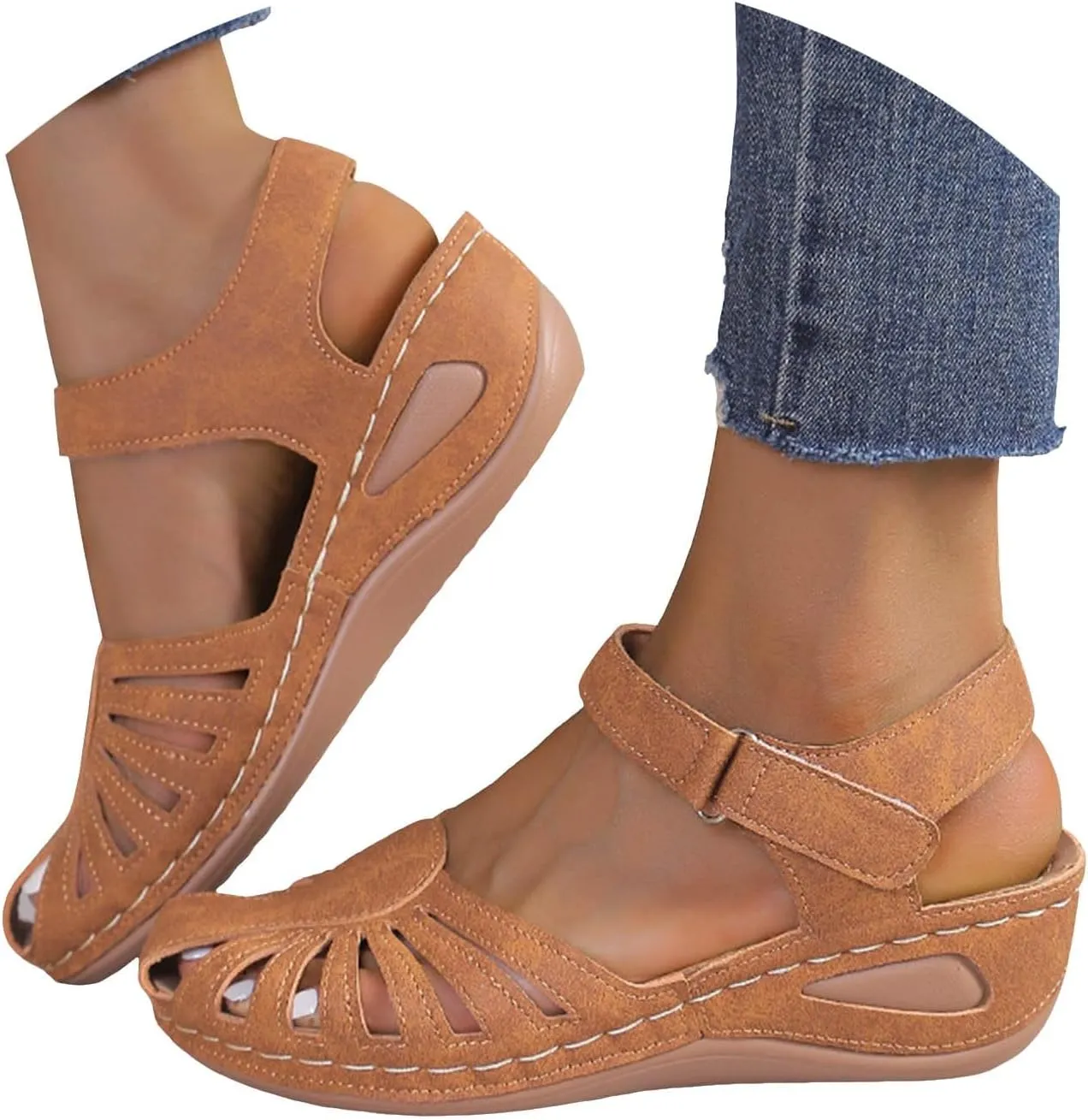 Closed Toe Sandals for Women 2025 Dressy Summer Comfortable Platform Wedges Ankle Strap Slip On Sandals with Arch Support Casual Hollow Out Sandal Dress Shoes