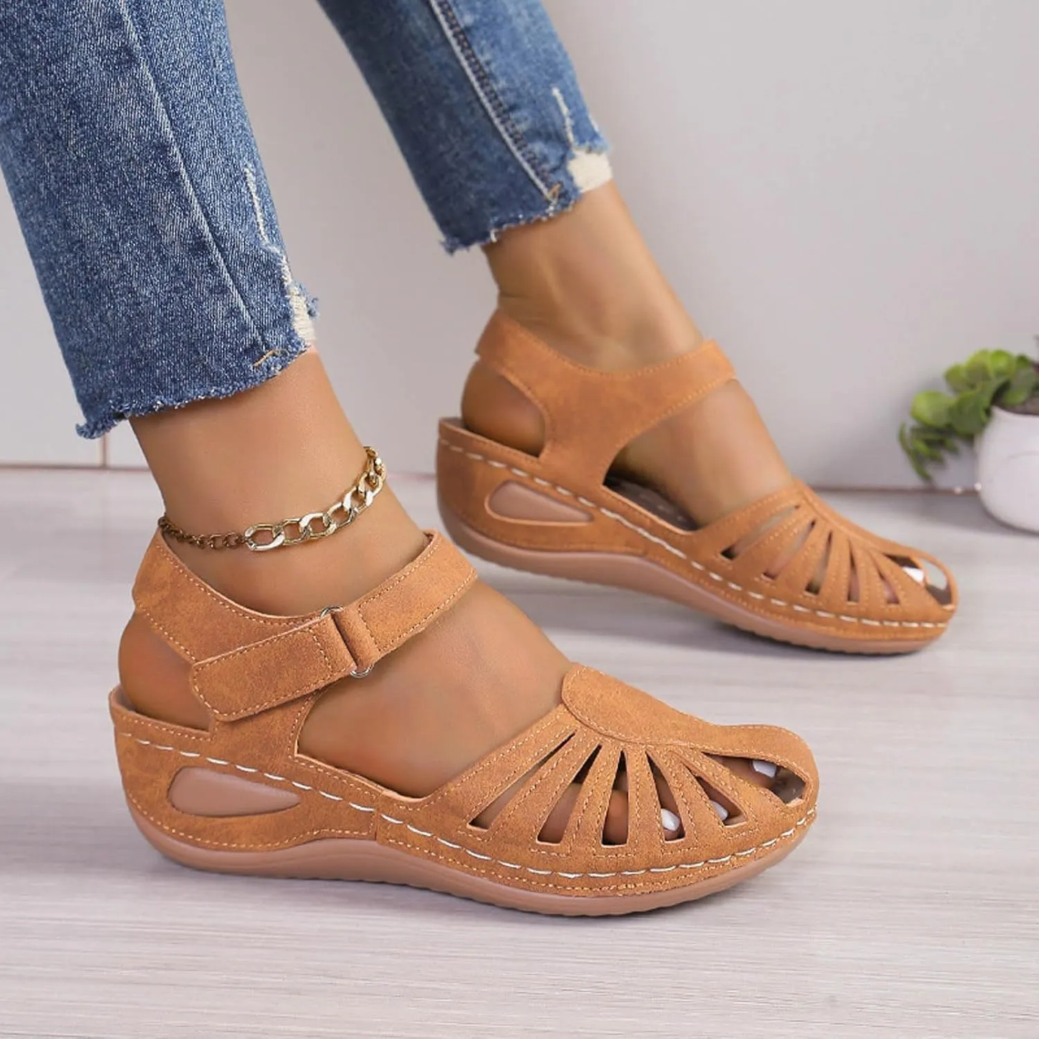 Closed Toe Sandals for Women 2025 Dressy Summer Comfortable Platform Wedges Ankle Strap Slip On Sandals with Arch Support Casual Hollow Out Sandal Dress Shoes
