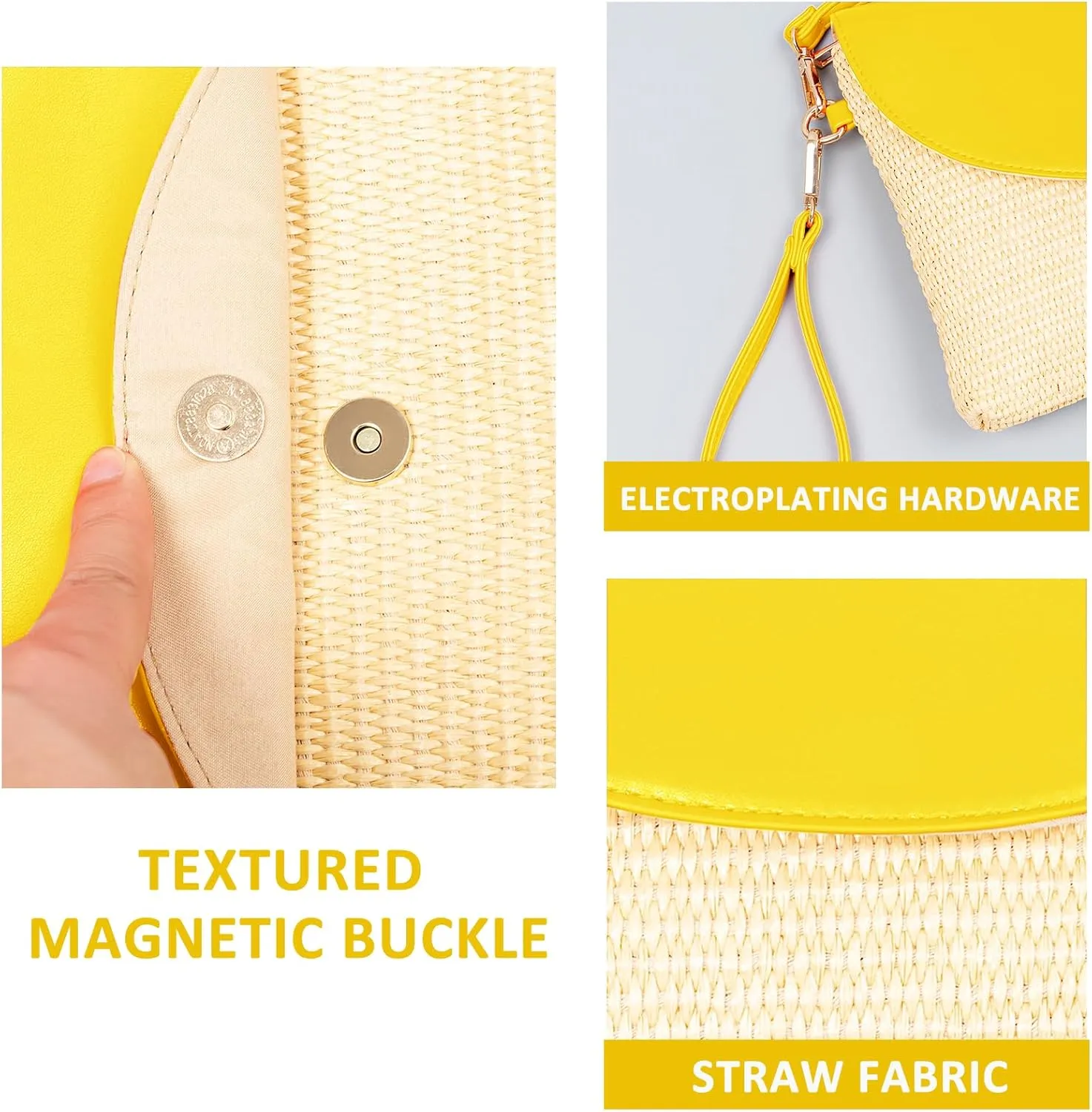 Clutch Purses for Women, Bohemian Handmade Straw Bag, Flip-up leather Crossbody Bags, Woven Envelope Package